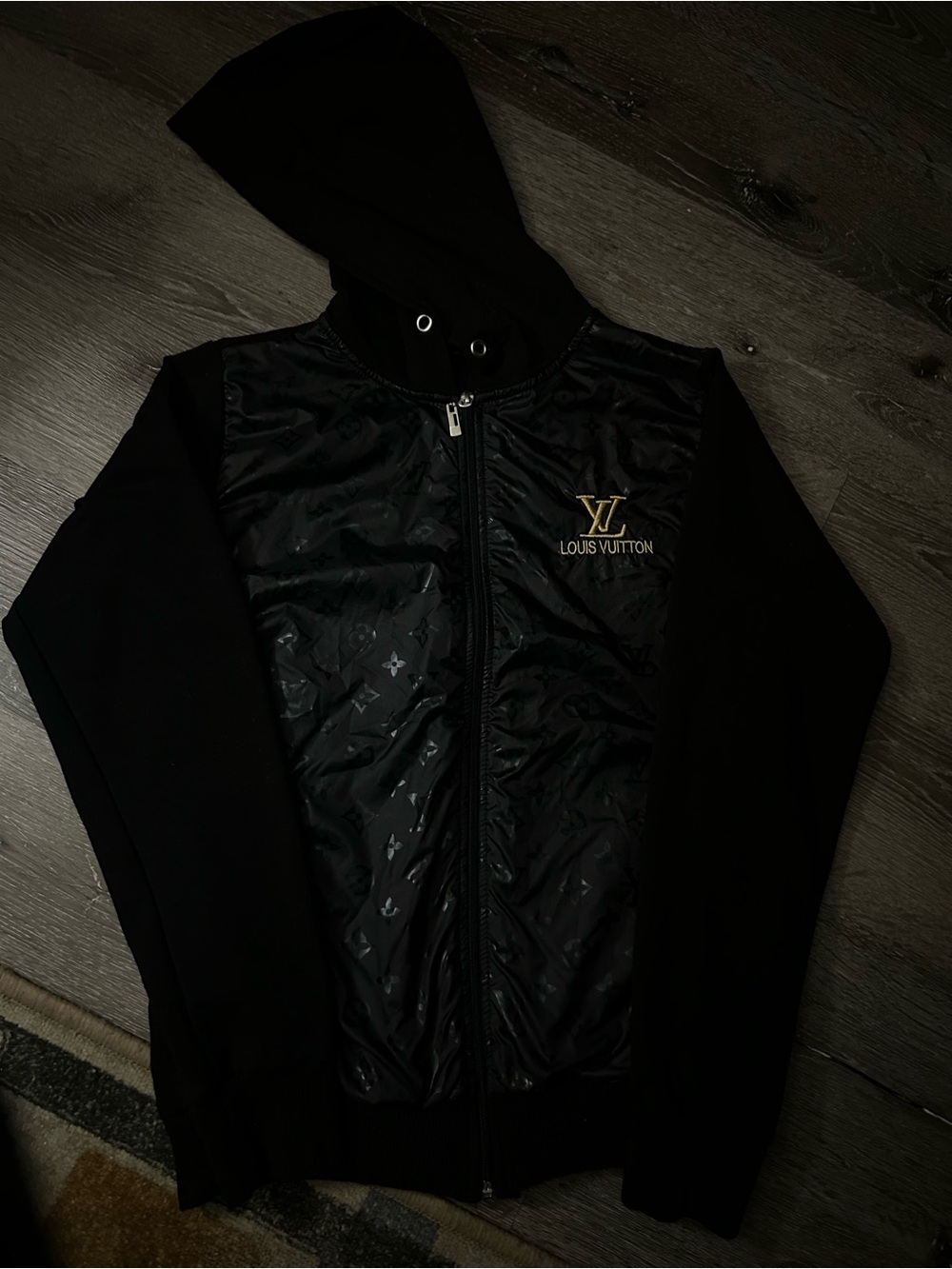 Louis Vuitton Black Hooded Bomber Jacket with Gold Logo